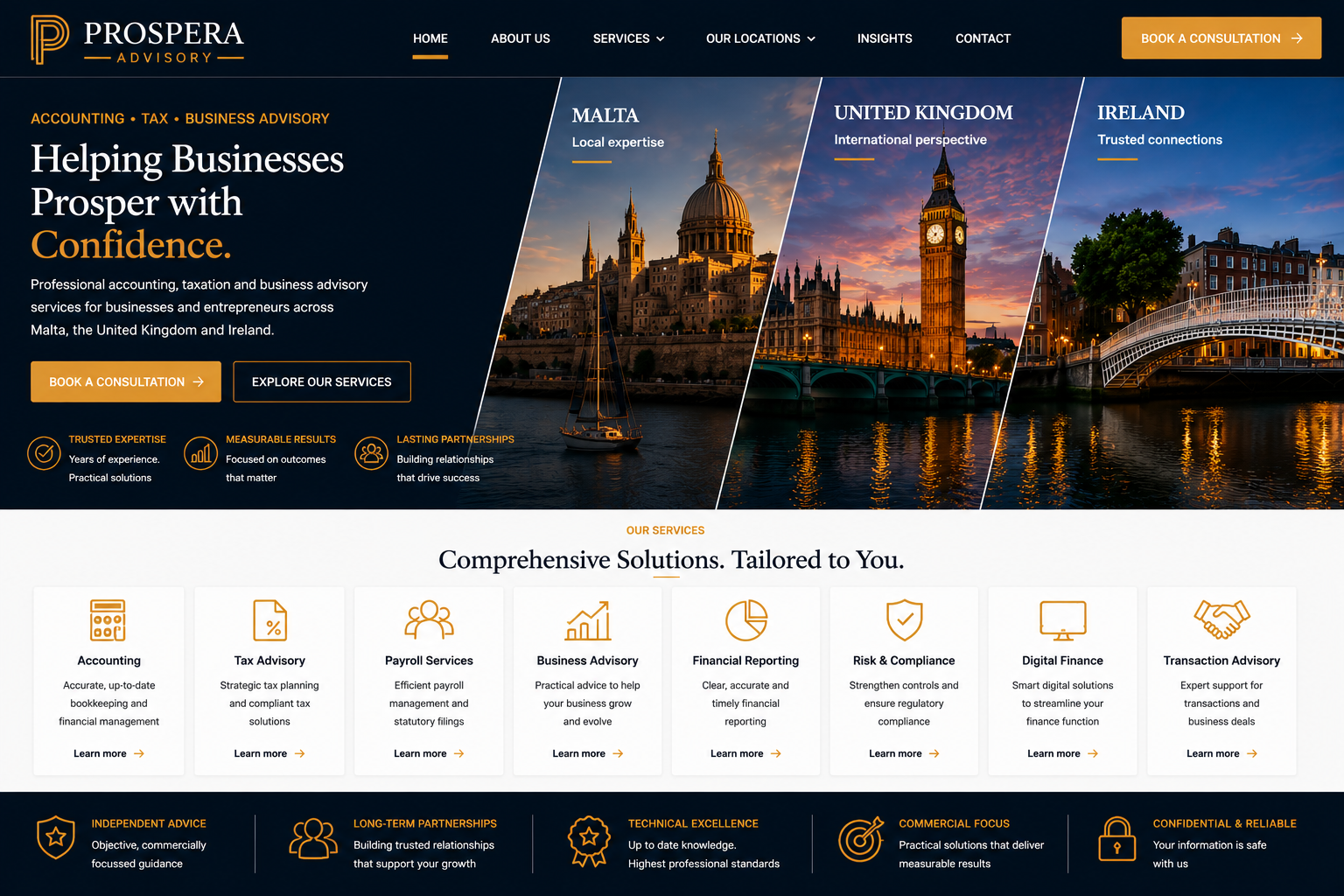 Prospera Advisory homepage design showing accounting, tax and business advisory services across Malta, the United Kingdom and Ireland
